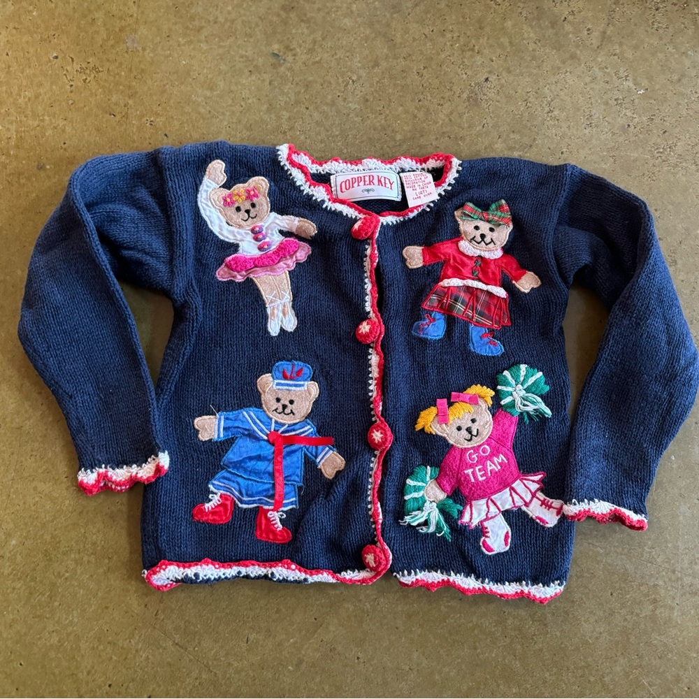 RARE Dillards Copper Key Kids Navy Cardigan with Embroidered Bears vintage